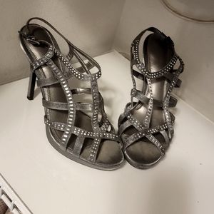 Silver open toes heels with chunky gems. Great with jeans or dresses.